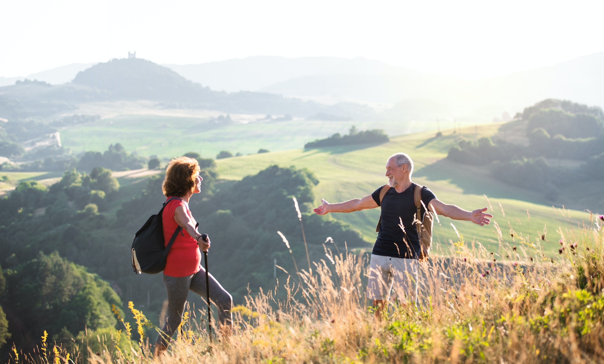 Senior tourist couple travellers hiking in nature.